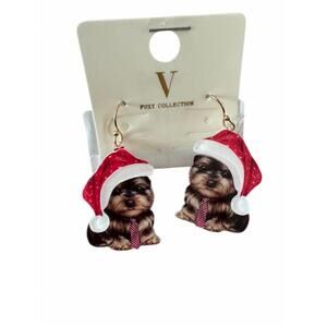 NEW V FOXY COLLECTION women's yorkie santa hat holiday earrings in red
